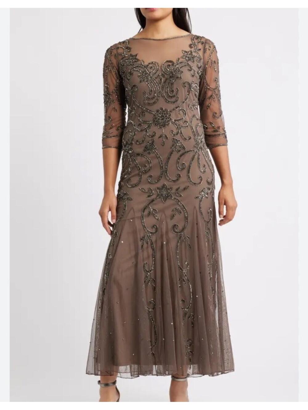 Pisarro Nights Dress Women's Deep Mocha Sz 2 Beaded Illusion Neck Gown